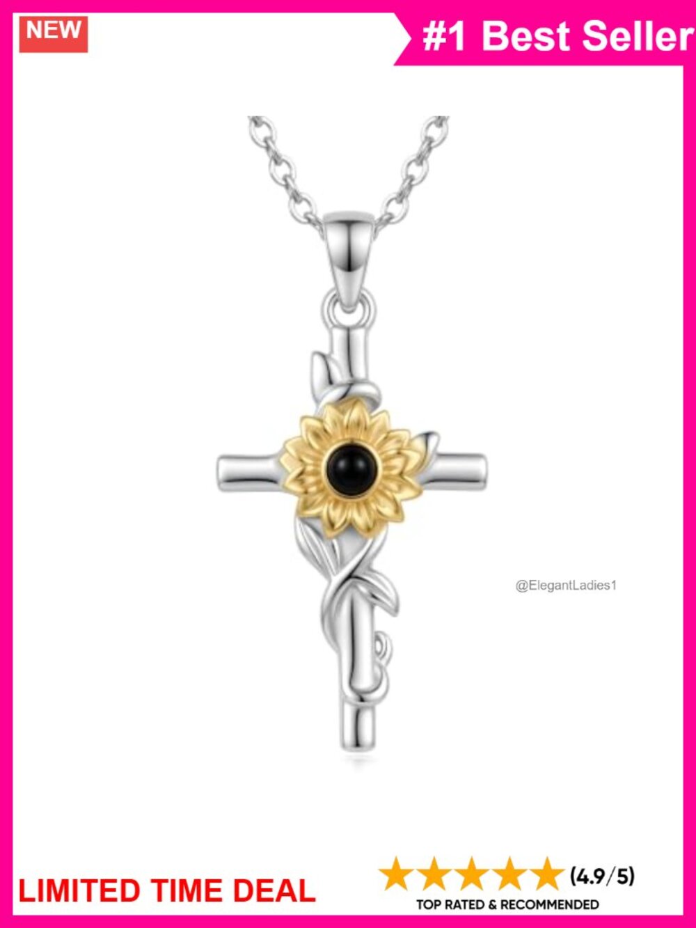 925 Sterling Silver Sunflower Cross Necklace 28.1mm Pendant